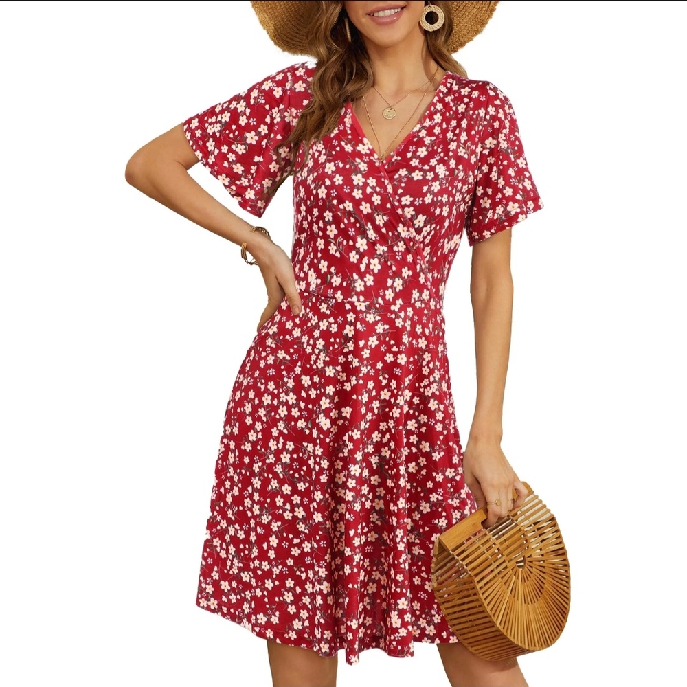 UVN Summer Dress Short Sleeve V Neck A-Line Midi Dress Boho Floral Print Size XL - Picture 2 of 5